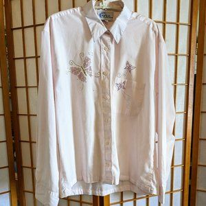 Whimsical butterfly sparkle iron on light pink blouse